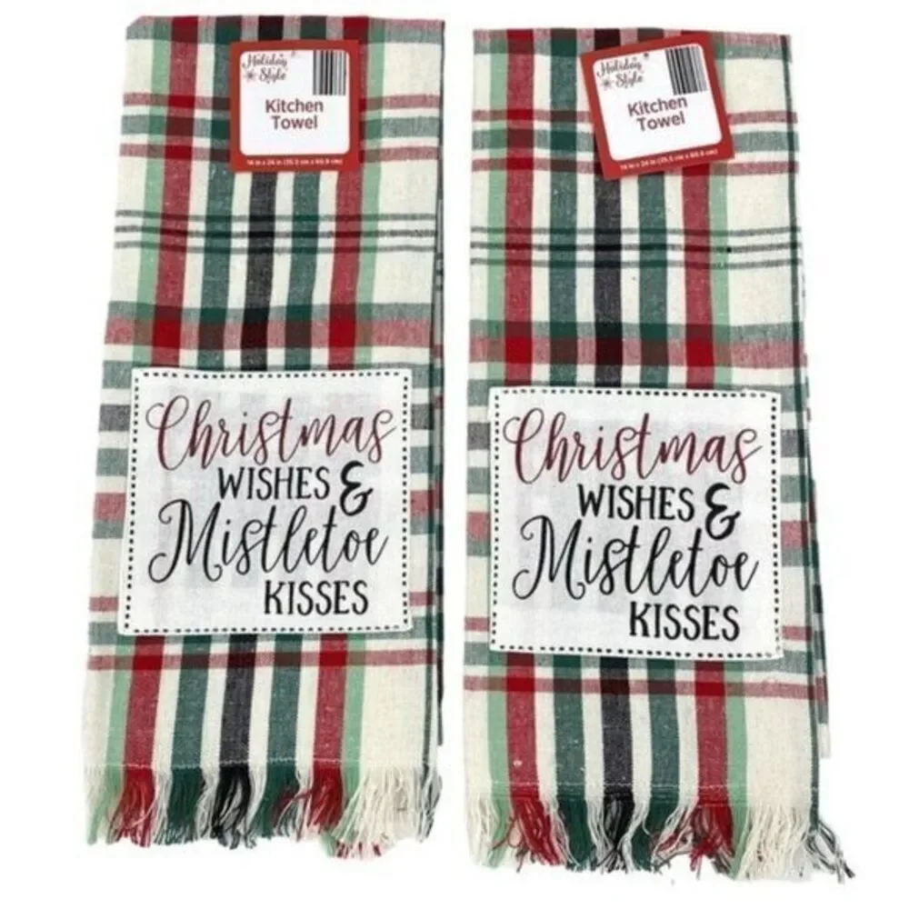 Christmas Wishes & Mistletoe Kisses Plaid Kitchen Towel Set New